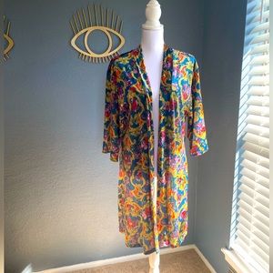 ModCloth Floral Teal Velvet Long-Sleeved Kimono Cardigan Robe